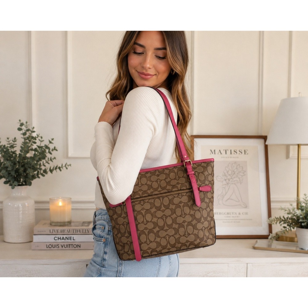 Coach Signature C Jacquard Tote Bag Brown Pink Y2K Shoulder Purse Classic Logo